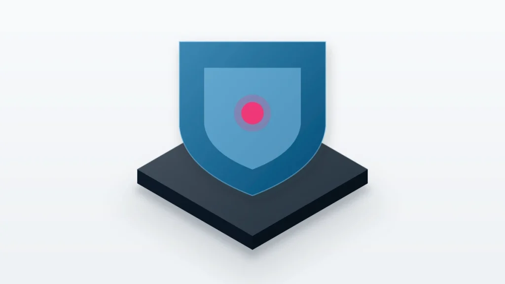 Isometric illustration of a shield resting on a plinth.