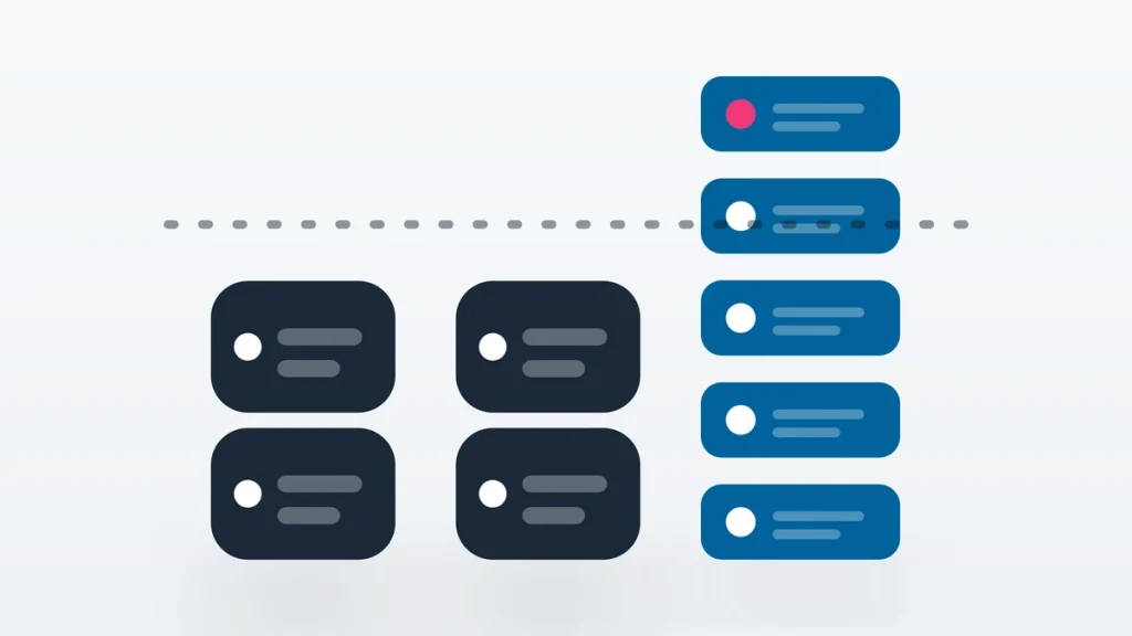 Flat vector illustration of a tall server rising past a line of shorter ones.