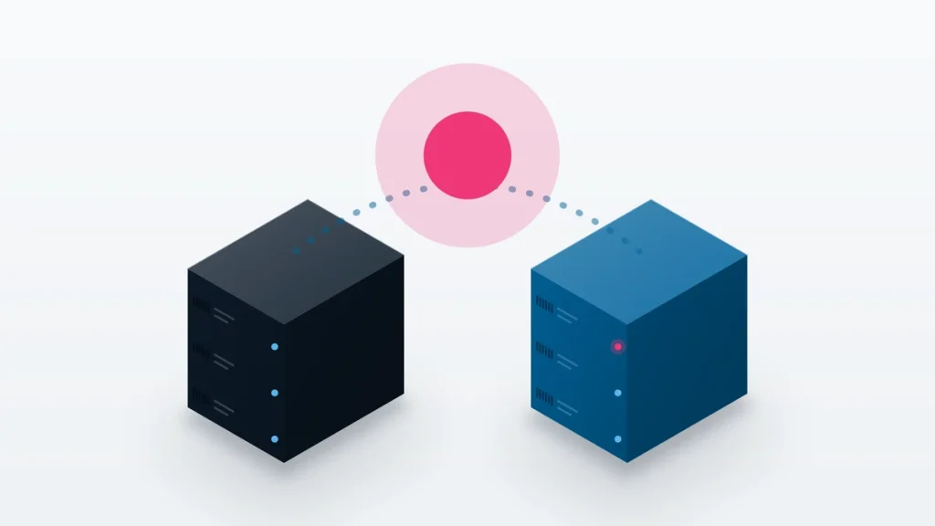 Isometric illustration of a website moving between two servers.
