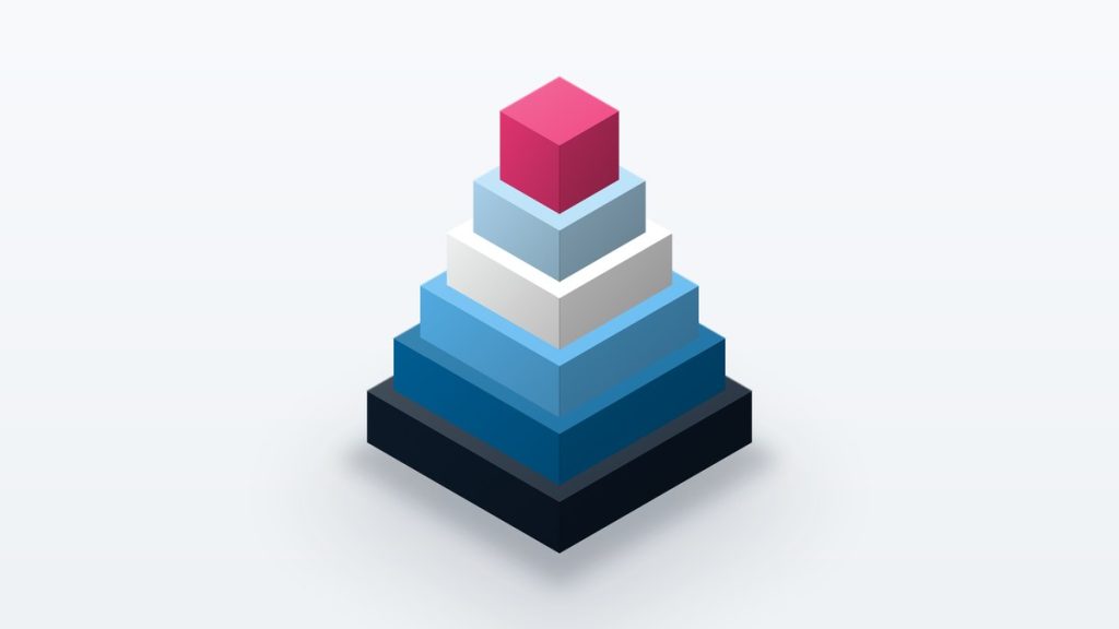 Isometric illustration of stacked tiers with a small cube on top.