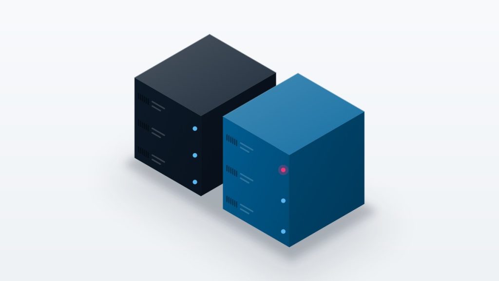 Isometric illustration of server units of differing heights side by side.