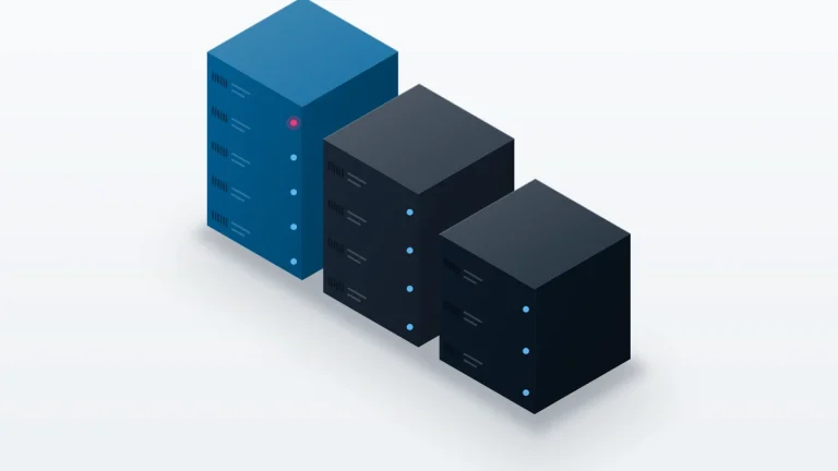 Isometric illustration of server units of differing heights side by side.