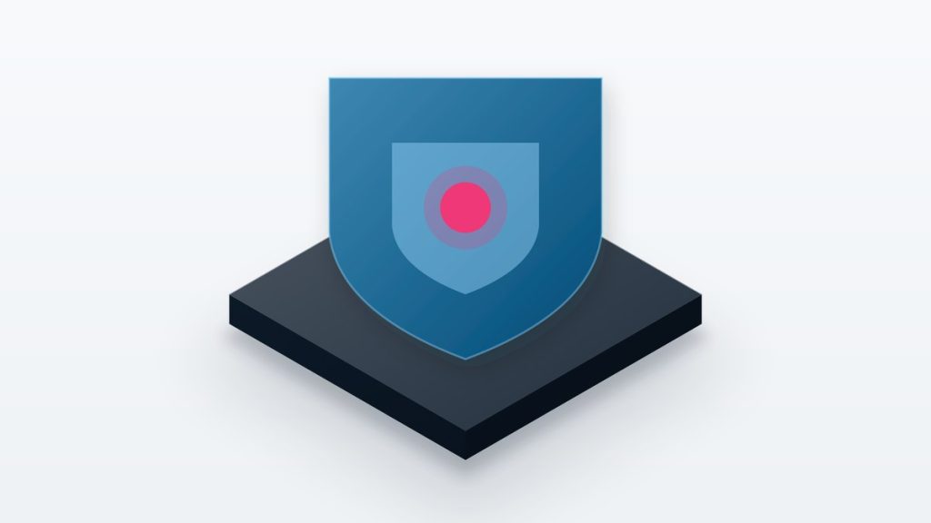Isometric illustration of a shield resting on a plinth.
