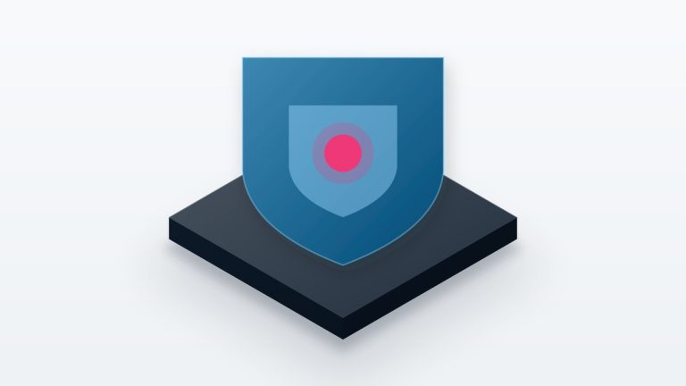 Isometric illustration of a shield resting on a plinth.